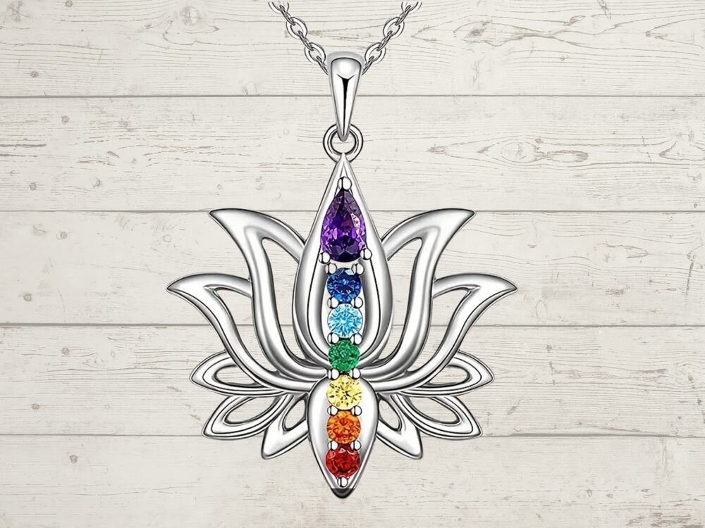 Silver Lotus Chakra Rainbow Pendant Necklace Boho Yoga Spiritual Jewelry